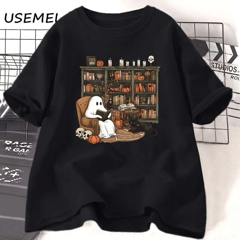 Retro Ghost Reading Books Librarian T-shirt Halloween Teacher Tshirt Women Cotton Boo School T Shirt Streetwear Women's Clothing 4