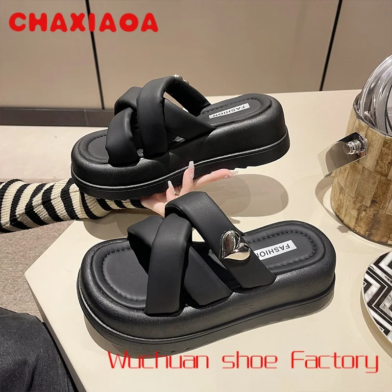 

2023 Summer Platform Leather Slides Girls Beach Breathable Thick-Soled Sandals High Heels Slippers For Women