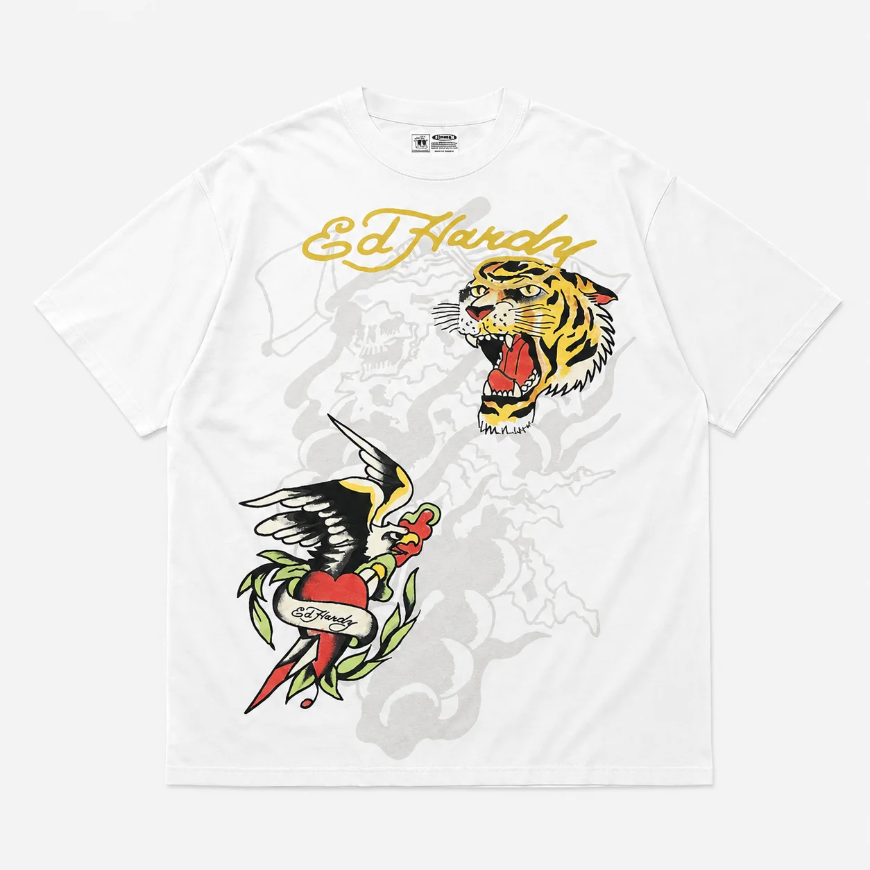 Ed Hardy Unisex Oversized T-Shirt mit Tigerkopf-Schwalbenherz-Tattoo-Print aus Baumwolle, Harajuku Streetwear, Sommer-Grafik-T-Shirt