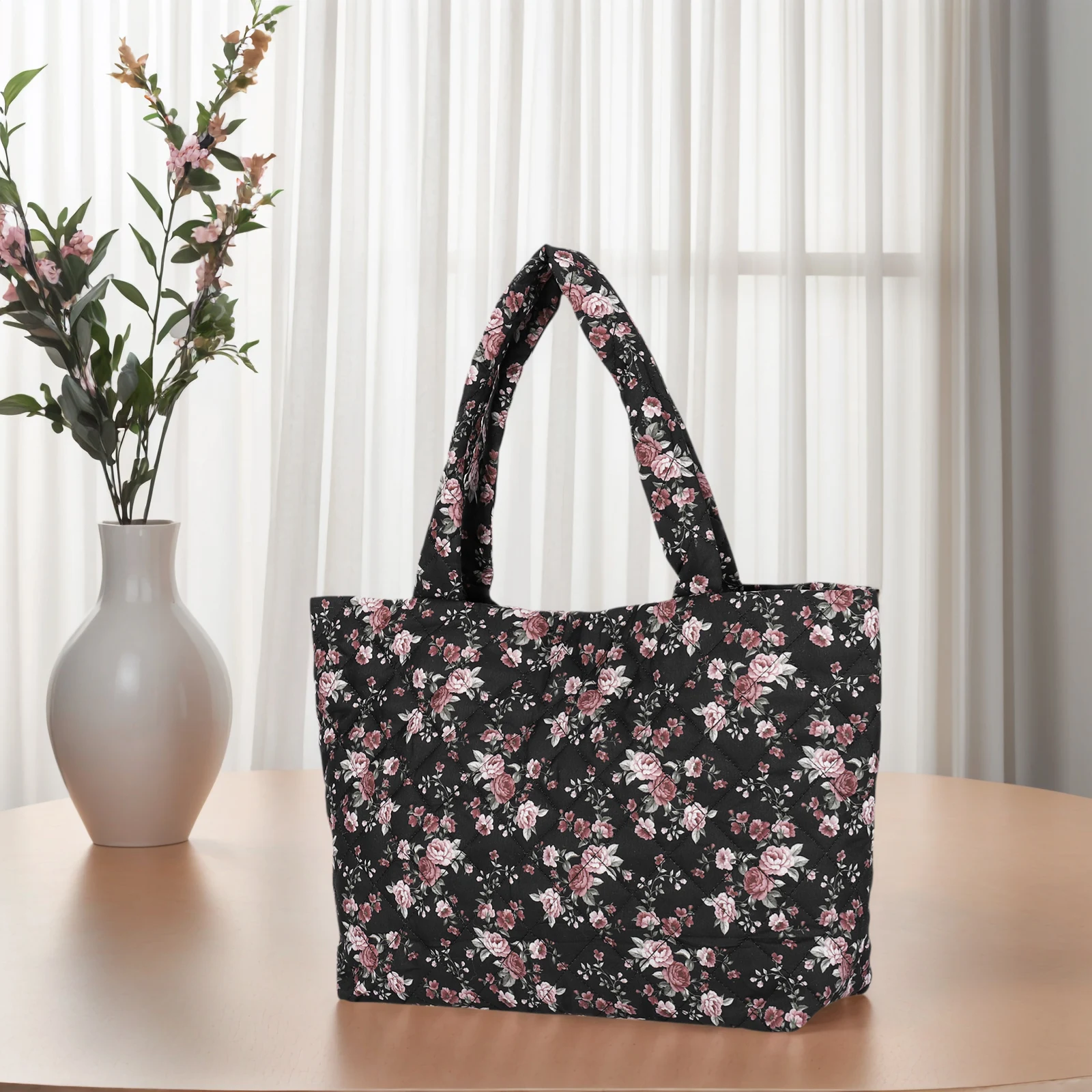 Women Floral Puffy Padded Shoulder Bag Large Capacity Tote Bag Underarm Bag for Travel Shopping Daily Use