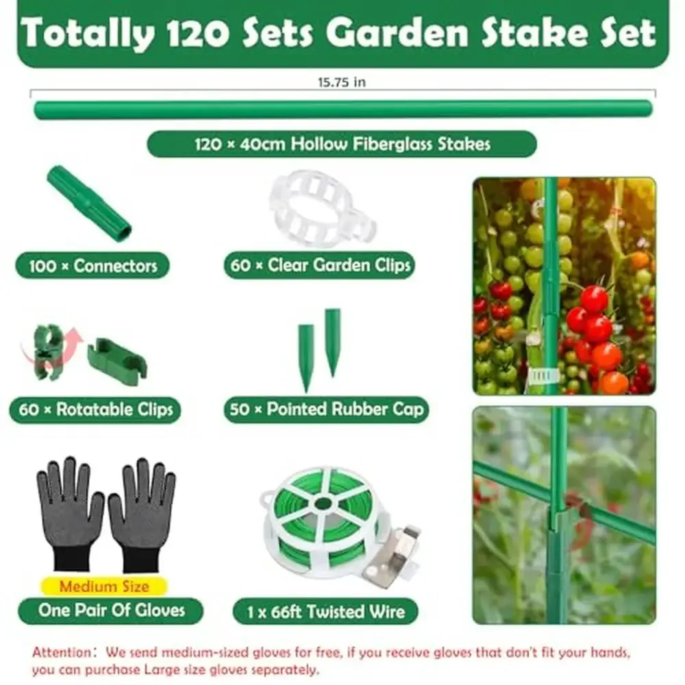 Garden Stakes Set 393PCS Fiberglass Plant Sticks Supports DIY 4ft 5ft 6ft 7ft Tomato Stake Accessories Clips Connectors Rubber