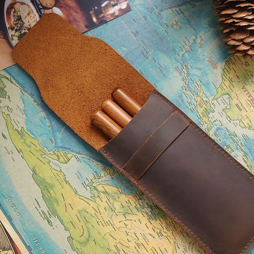 Handmade Pen Bag From Cowhide Genuine Leather Retro Pencil Bag Vintage Style Pencil Case Storage Bag For Journal Travel Supplies images - 6