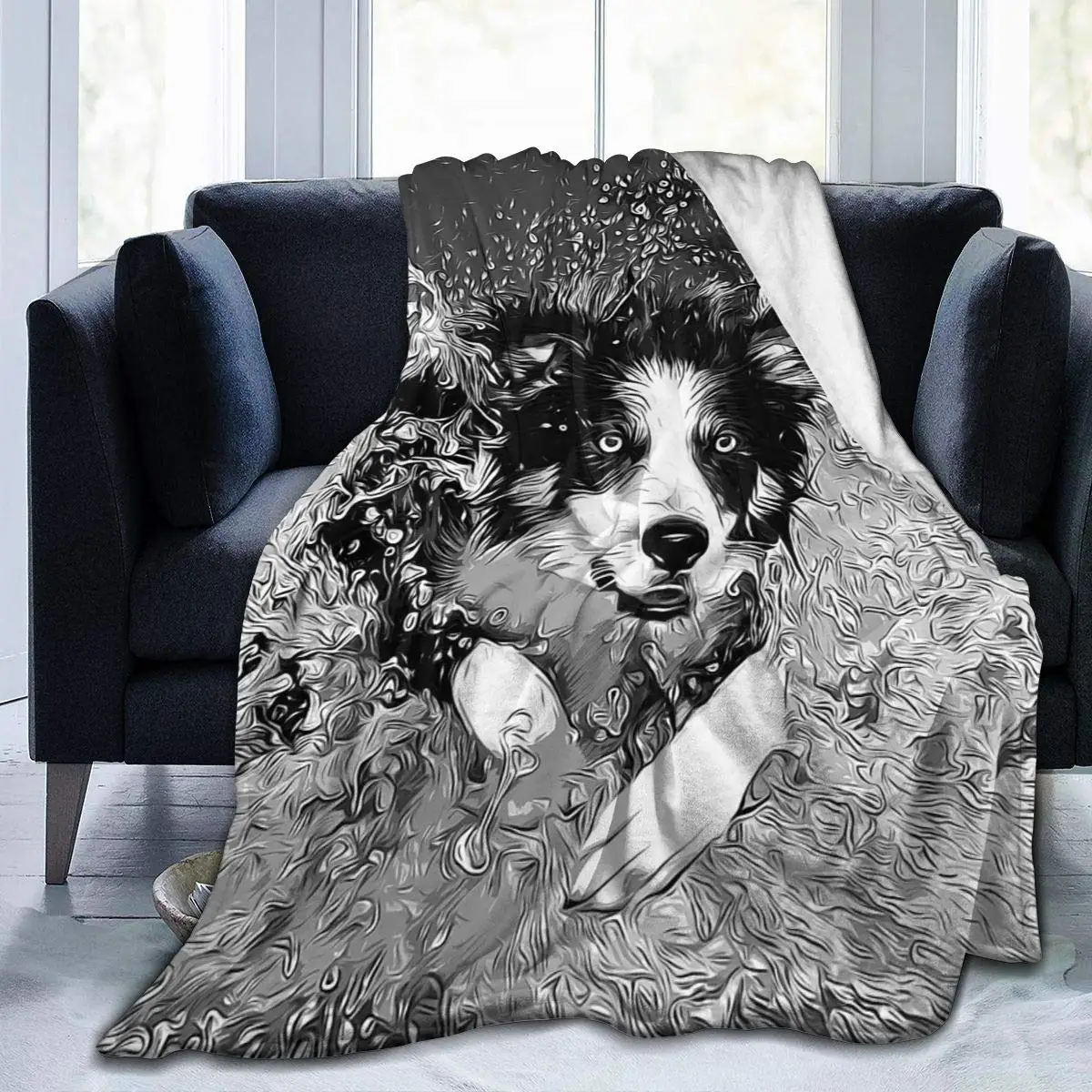 Border Collie Running In The Water Fleece Throw Blanket, Fuzzy Warm