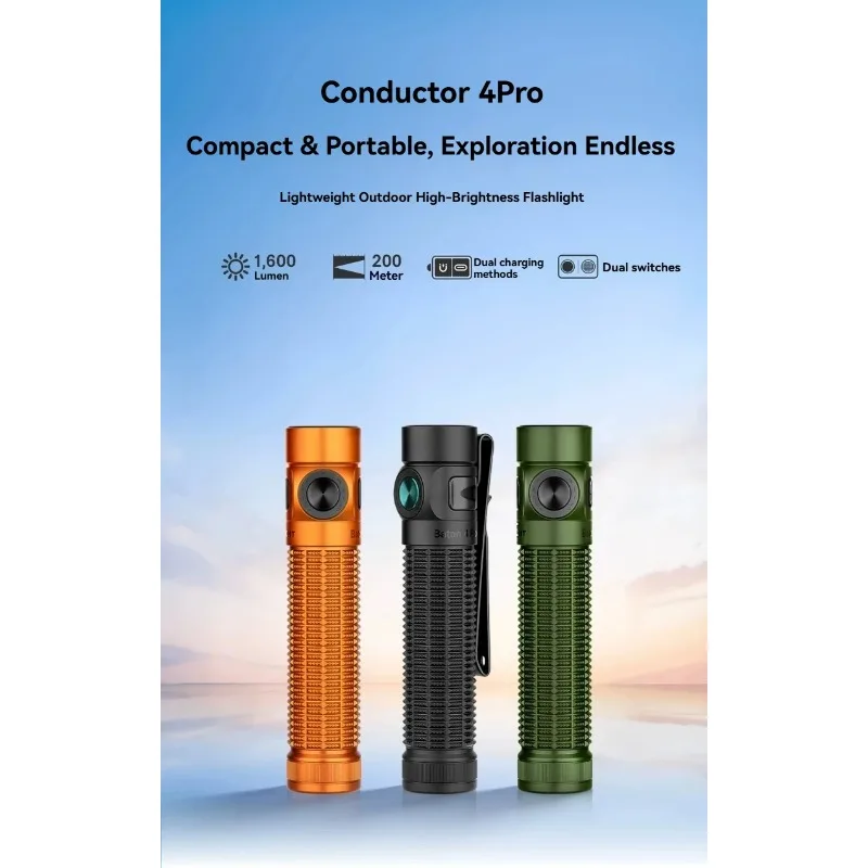 Olight 휴대용 충전식 슈퍼 브라이트 LED 손전등 바톤 4 프로 울트라 1600 루멘 18시간 사용 시간 야외 캠핑 하이킹