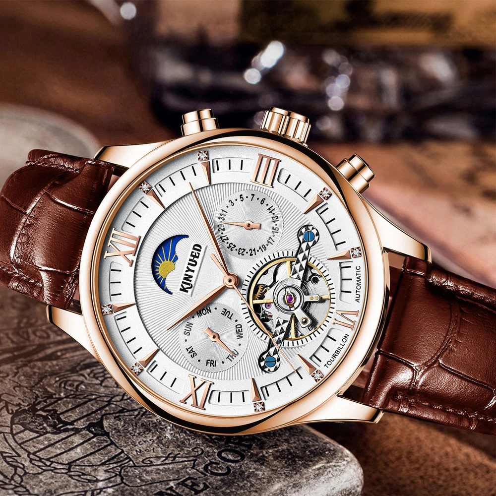 KINYUED Brandneue mechanische Mondphasenuhr für Herren, hohle Tourbillon-Uhren, Wochendatum, Herrenuhr, wasserdicht, automatische Uhren_voghion.com
