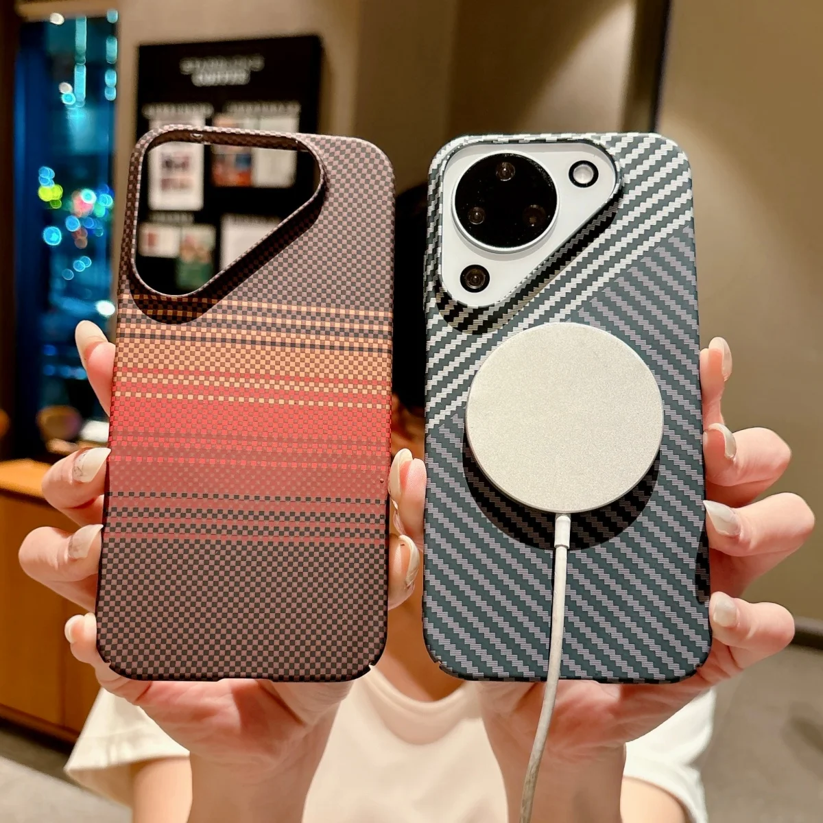 Luxury Carbon Fiber Kevlar Pattern Magnetic Phone Case with Magsafe-Compatible Plastic Cover
