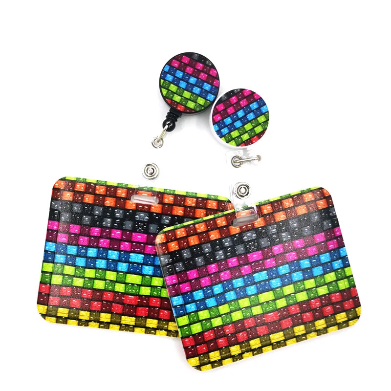 

Цветной чехол из витражного стекла с рисунком в клетку, милая визитница, шнурок, выдвижной Бейдж, держатель для удостоверения личности, аксессуары
