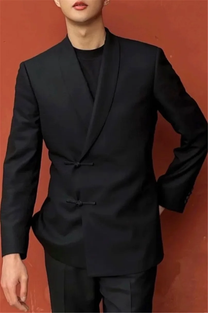 Men's Chinese style casual cross-button suit slim cut jacket Dress jacket solid color suit 2