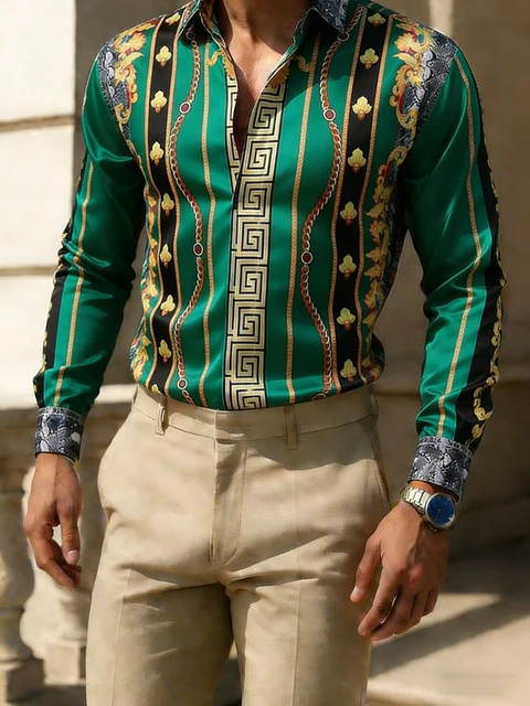 Chemise Homme 2026 en Tissu Extensible à Manches Longues, Imprimé 3D Chaîne Dorée Colorée HD, pour Vacances à la Plage Hawaïenne et Mariages, Vêtements pour Hommes 1