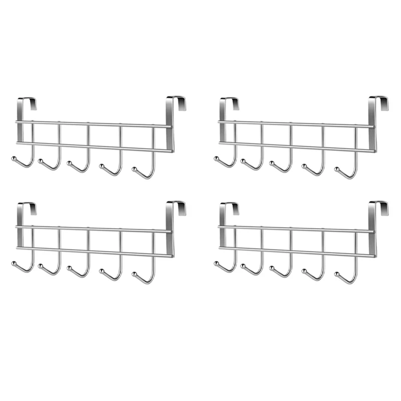 

4X Over The Door 5 Hooks Home Bathroom Organizer Rack Clothes Coat Hat Towel Hanger Stainless Steel Good Load-Bearing