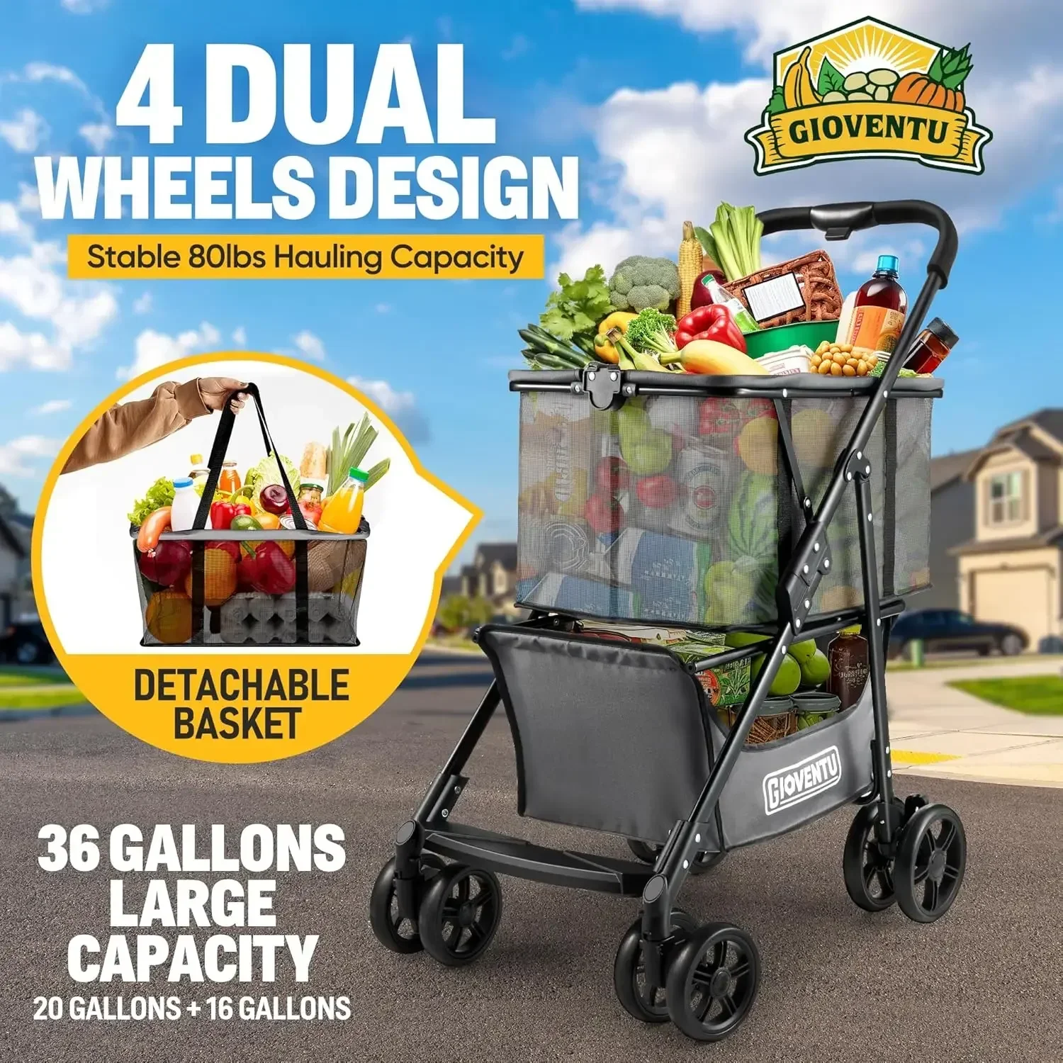 Folding Shopping Cart for Groceries(80lbs), Multifunctional Collapsible Cart with Removable Tote Bag and Swivel Wheels