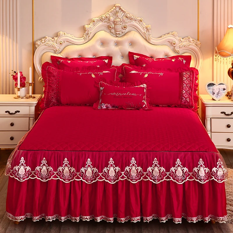European Elegant Lace Bed Skirt Solid Color Quilted Bed Skirt Thicken