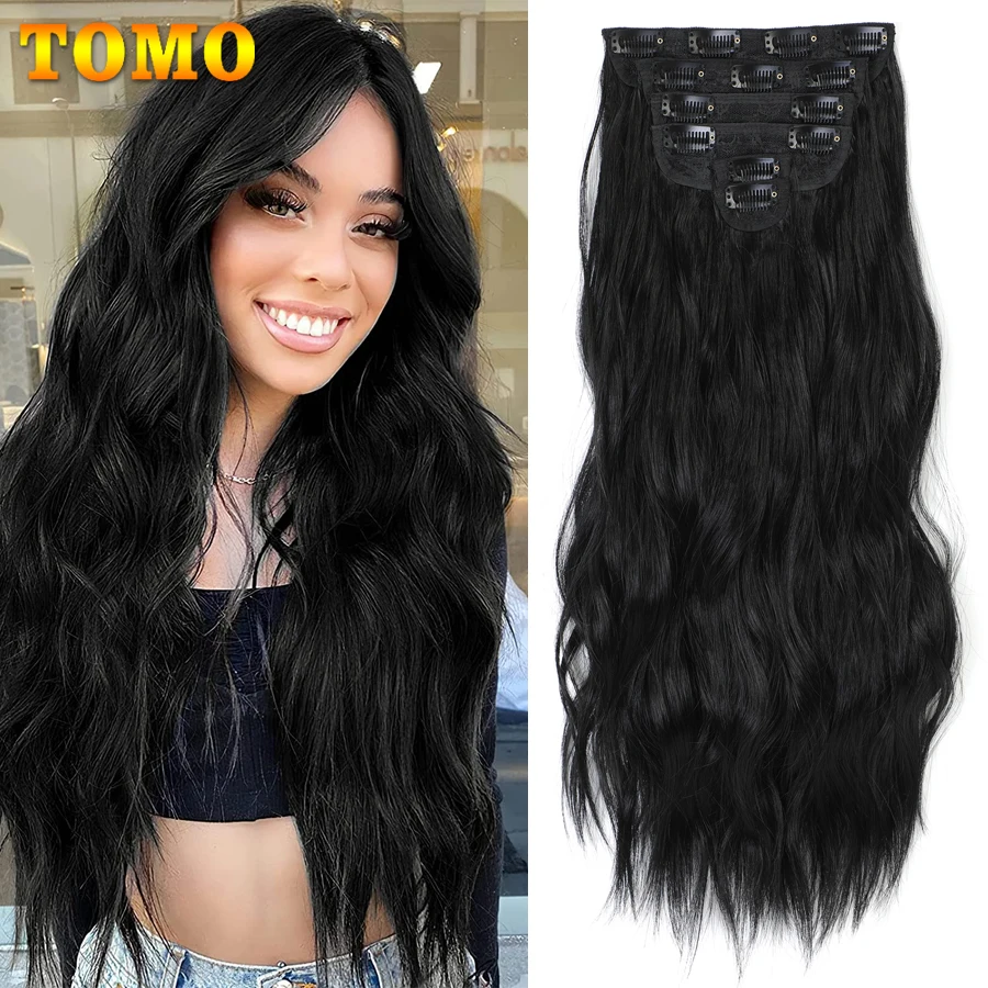 

TOMO Clip In Hair Extensions Long Wavy 20 Inch 6 Pcs Synthetic Clip Hair Thick Hairpieces Black Hair Piece Full Head For Girl