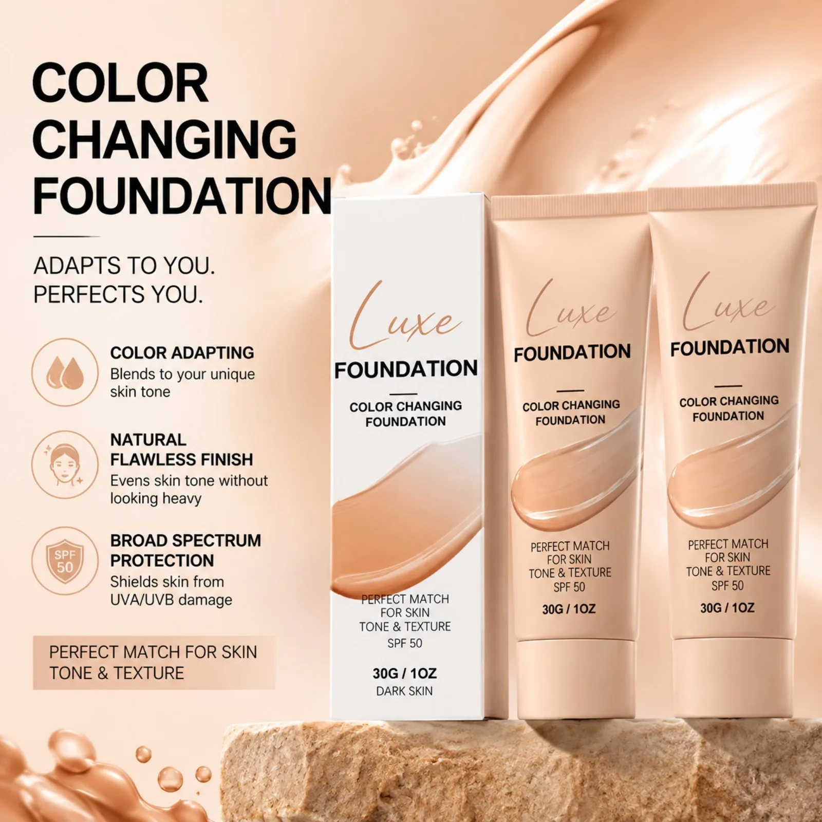 Fondotinta SPF 50 che cambia colore per nascondere le imperfezioni del viso, auto-regolante, si adatta al tono della pelle, trucco invisibile per il viso. - immagine 2