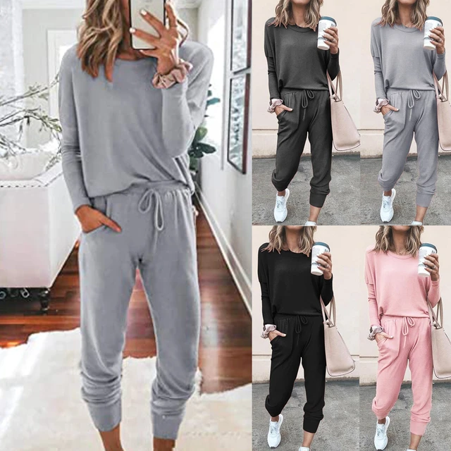 Womens Casual 2 Piece Outfit Solid Color Long Pant Set Sweatsuits  Tracksuits,Two Piece Sweatsuit for Women 2023 Long Sleeve Crewneck Pullover  Tops and