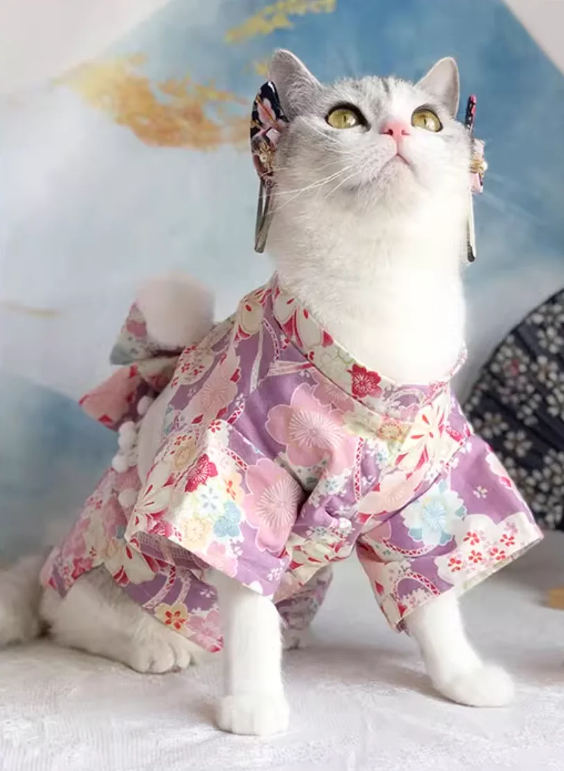 Japanese Style Thin Cat and Dog Coat, Pet Clothes for Cats and Dogs, Cute Print with Bow-knot Kitten Sphynx Clothing Outfit