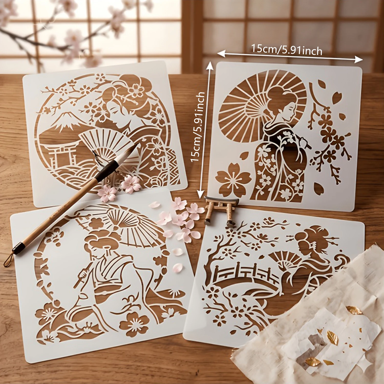 4Pcs 일본 게이샤 패턴 스텐실 DIY 공예 홈 벽 패브릭 페인팅을위한 재사용 가능한 벚꽃 후지산 템플릿