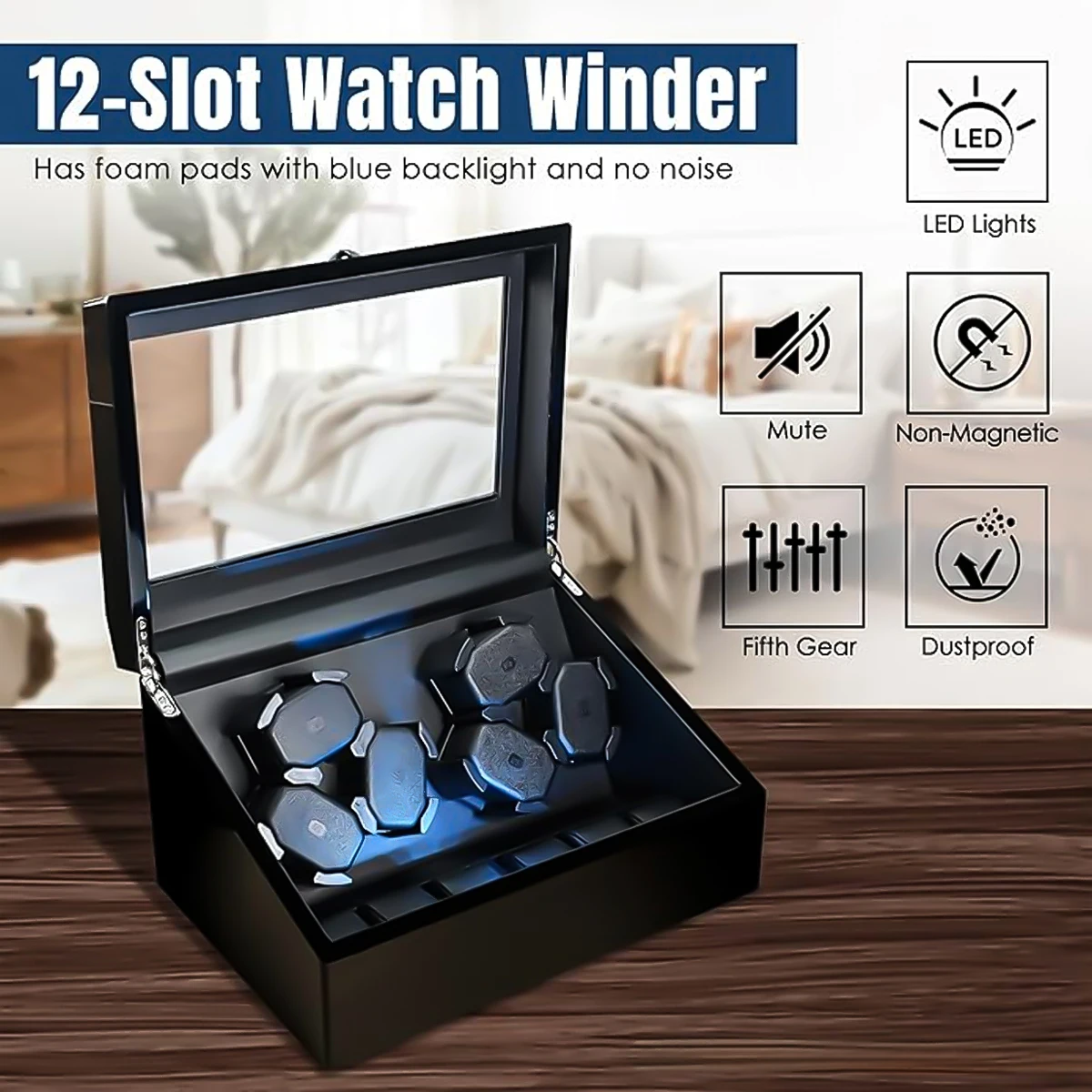 Watch Winders Box for Automatic Watches 6 watch Rotate Stand Automatic Watches Built-in LED Light Ultra Quiet Motor