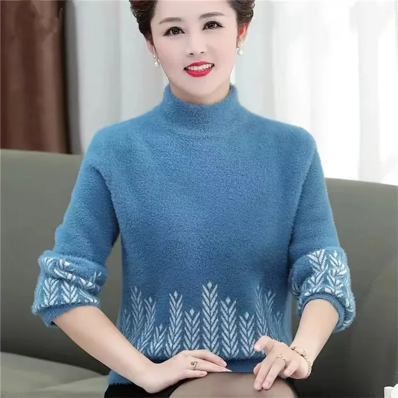 

Autumn Winter Women Faux Mink Velvet Sweater Pullover New Half High Collar Long Sleeves Knitted Sweater Female Jumper Warm Tops