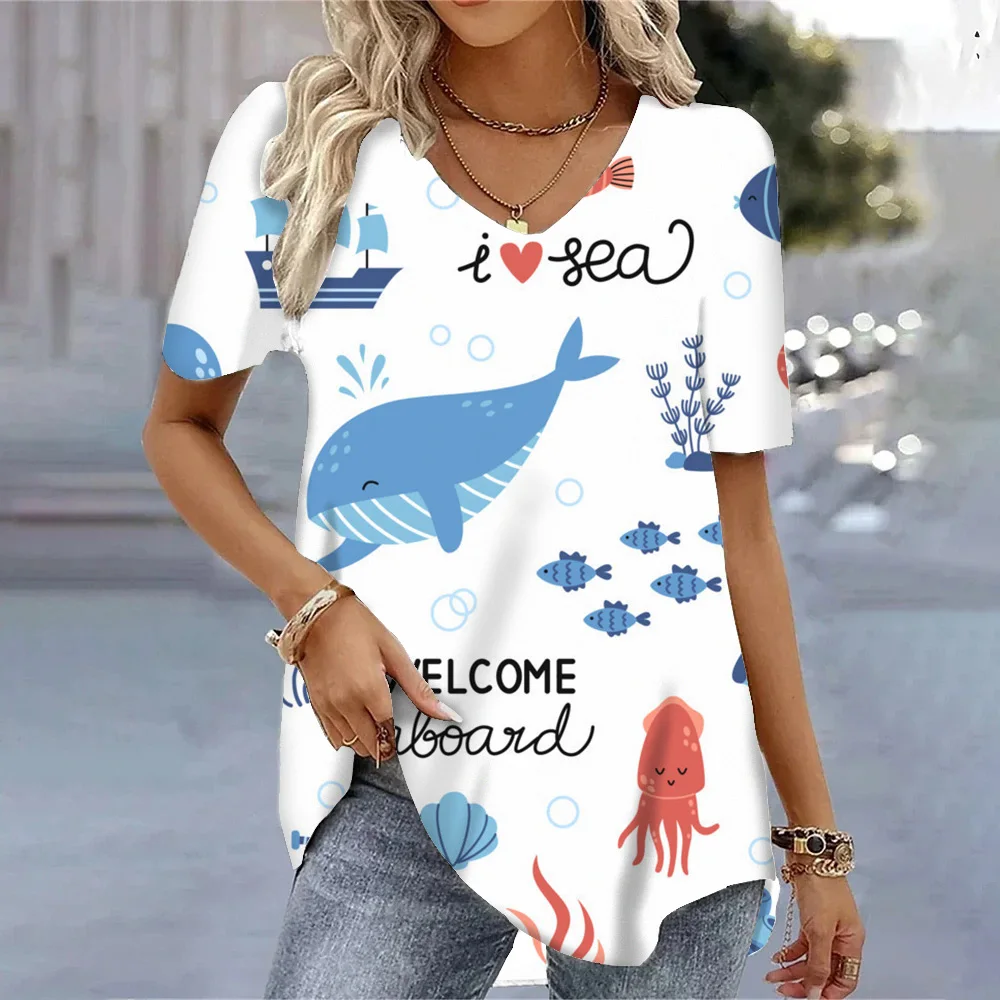 

Female Casual Harajuku Fashion T-shirt Cartoon V-neck Short Sleeve Tees Shirts Women T-shirts Pullovers Summer Ladies Pullovers