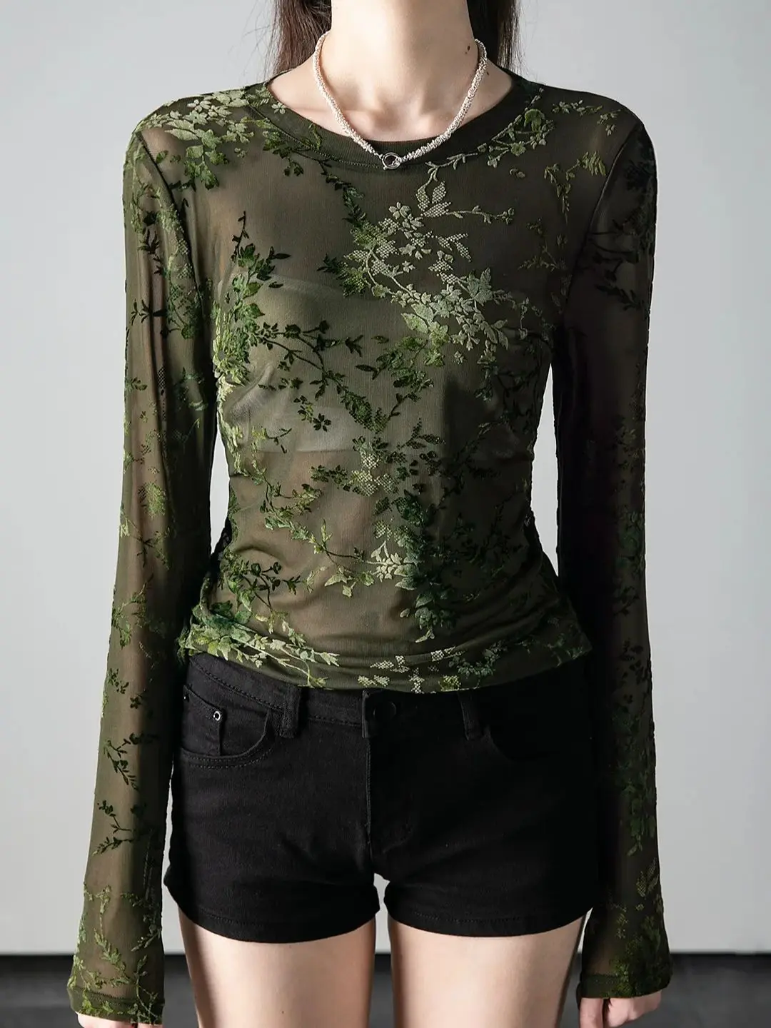 Autumn Round Neck Long Sleeve T-shirt Women's Fashion Slim Fit Fashion Trend See Throught T Shirts Flocking Flowers Tees 5