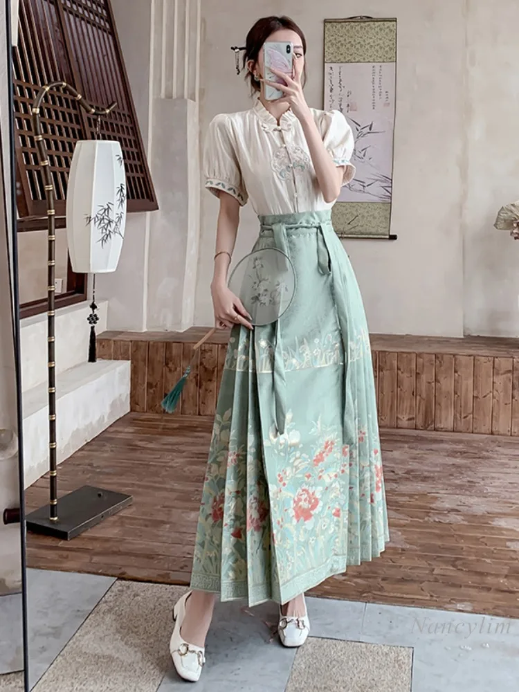 

New Chinese Style 2 Piece Sets Short Sleeve Top High Sense Horse-Face Skirt Women Petite Clothing Summer Set 2024 New Outfits