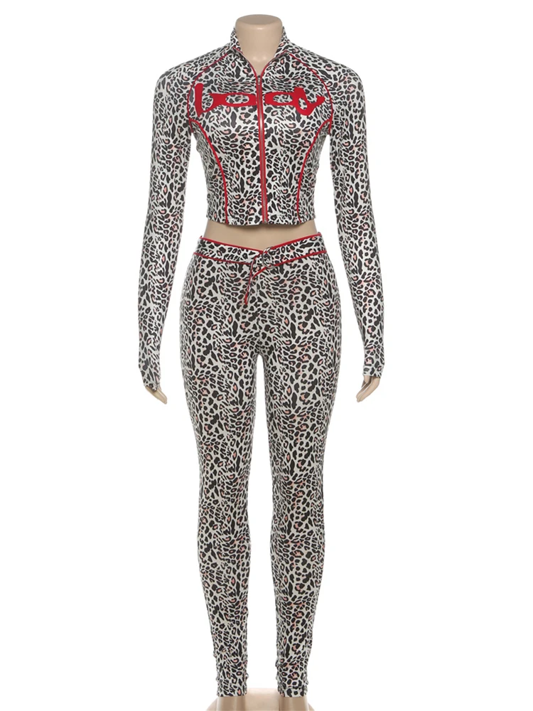 Nibber Letter Print Leopard 2-Piece Set Women Zipper Long Sleeve Crop Top+Metal Rings Legging Hipster Stretch Street Tracksuit