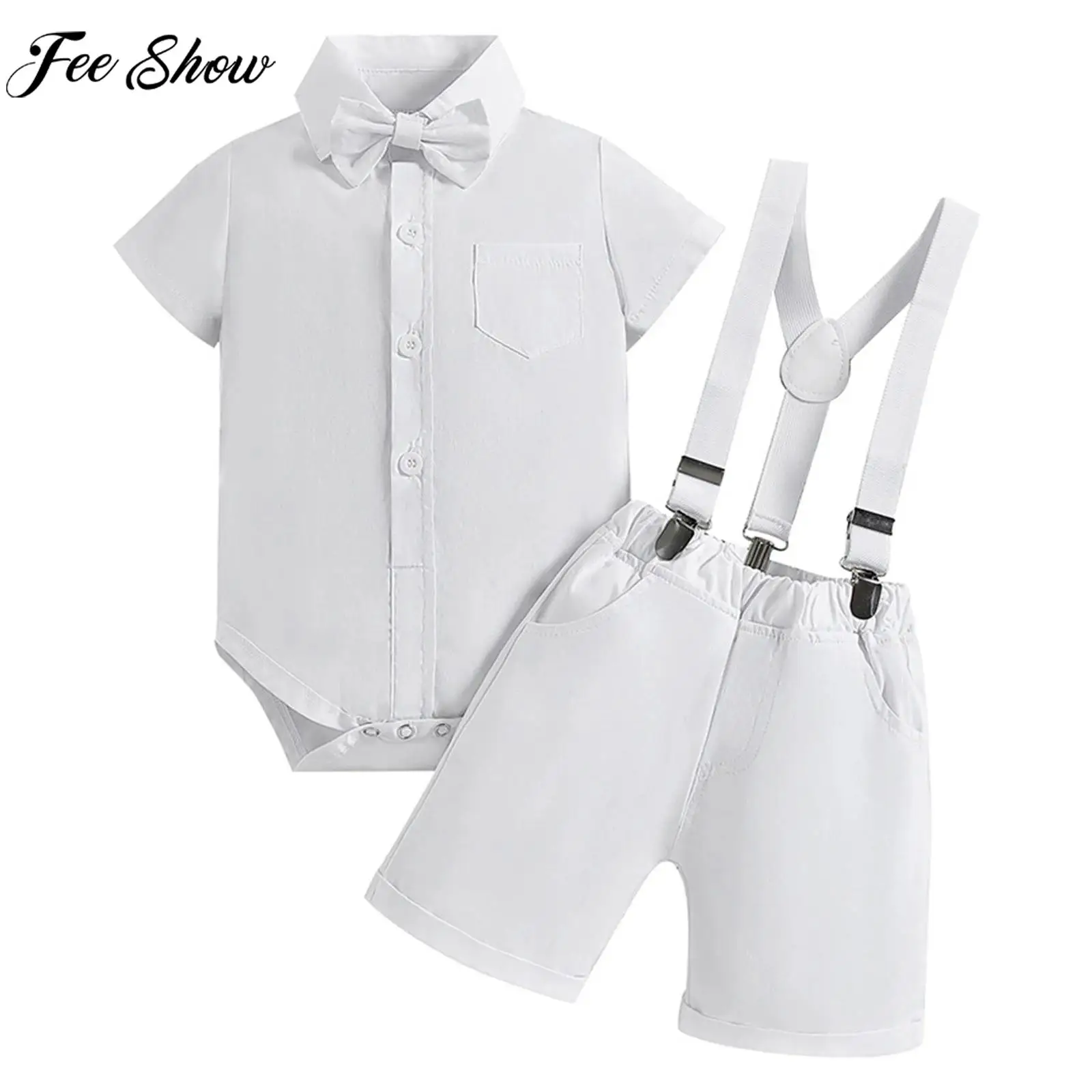 

3-18M Baby Boys Baptism Gentleman Suit Short Sleeve Shirt Romper with Suspenders Pants Bow Tie for Birthday Wedding Party Prom