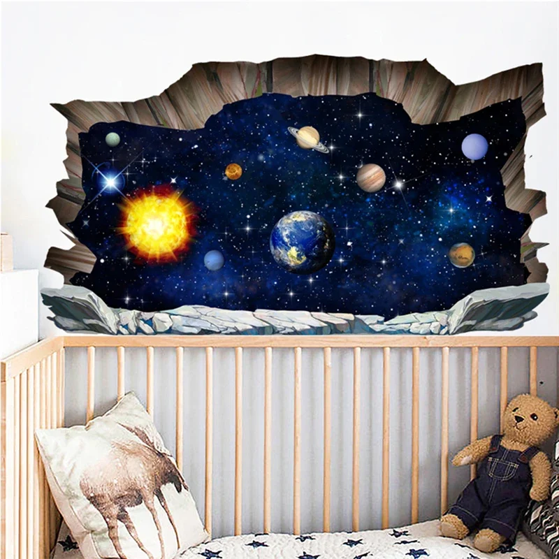 New 3D Broken Wall Nine Planets Wall Stickers Removable Decorative Painting