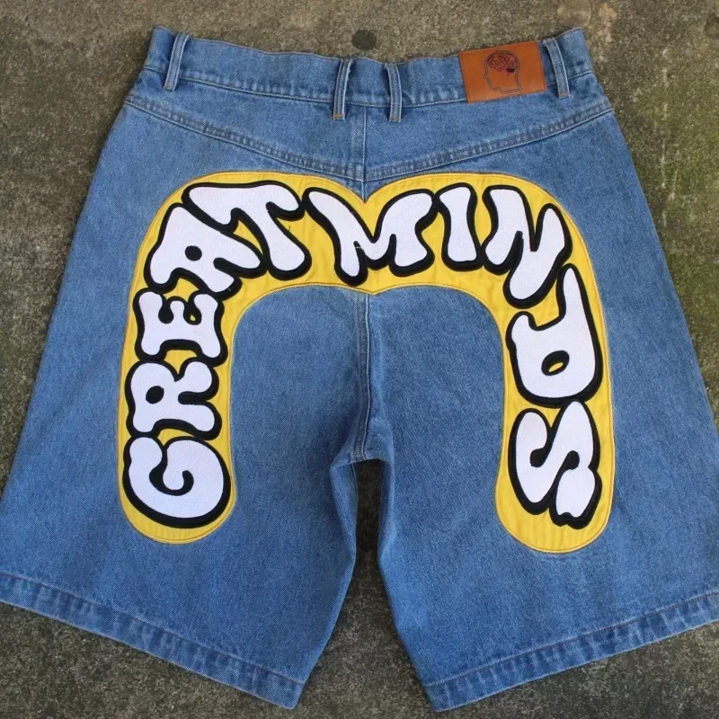 Summer colorful lettered denim shorts men's Japanese fashion brand straight loose sports five-quarter pants mid-pants