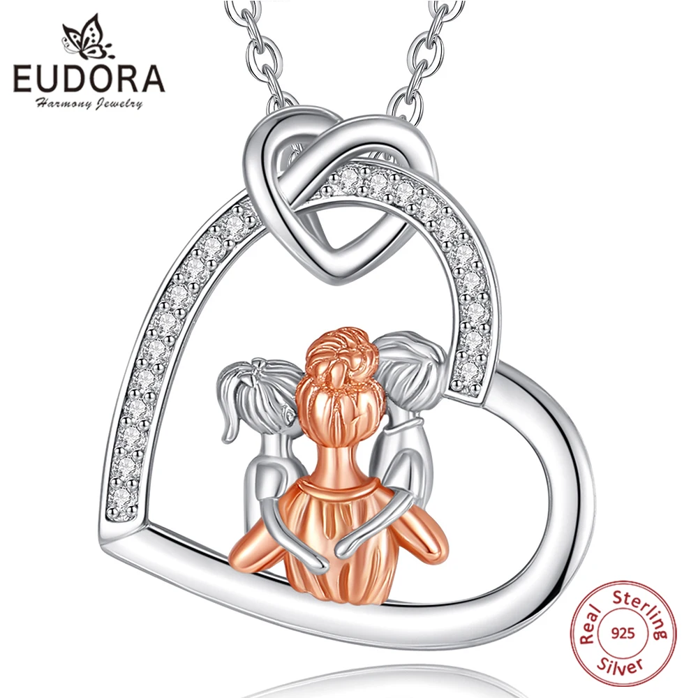 Silver Pendant Necklace 925 Sterling Silver Mother Kids Heart Zircon Rose Gold Mom Boy Girl