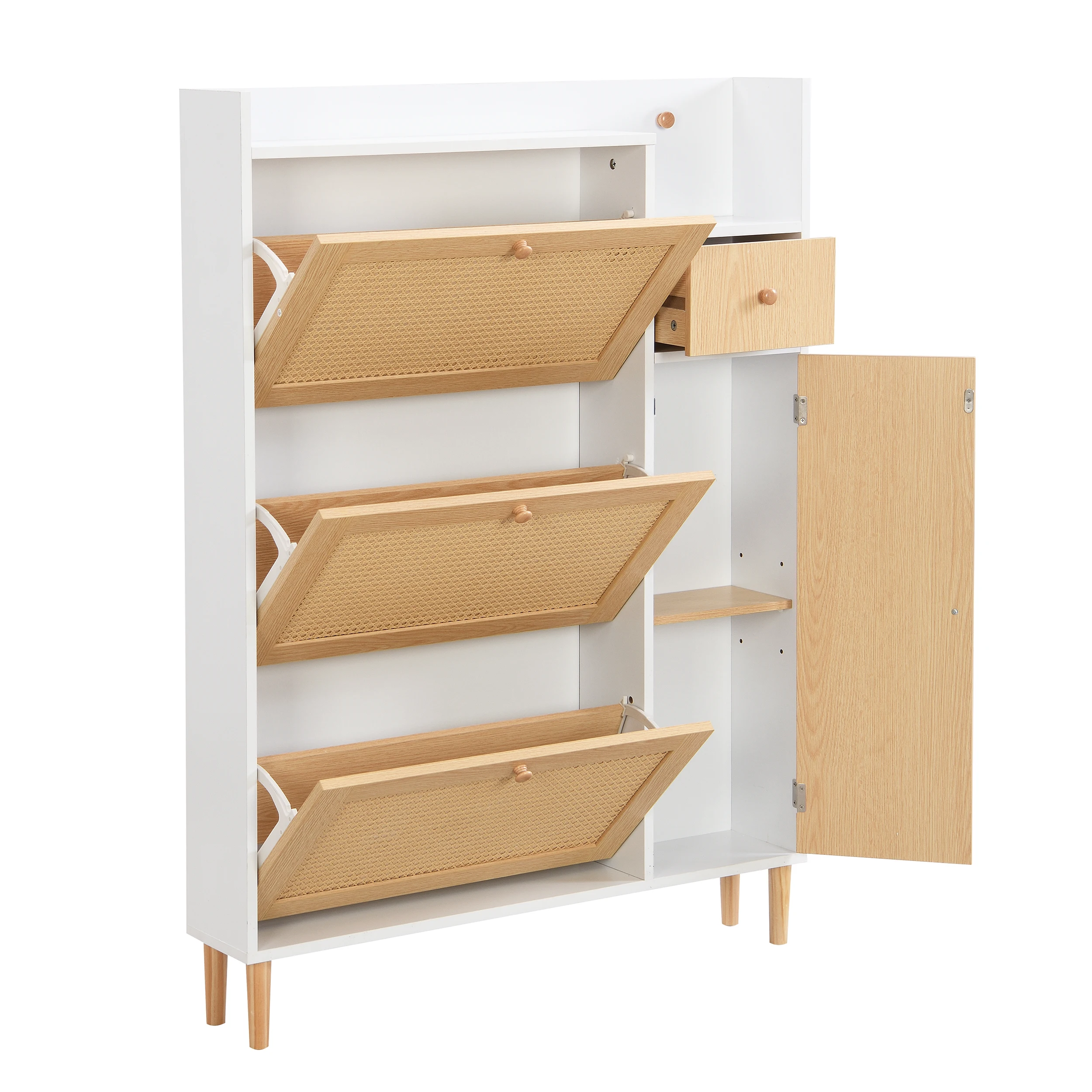 Wooden Fabric Rattan Shoe Cabinet for Narrow Entrances 3 Tilt Doors and 1 Drawer with Solid Wood Legs and Handles – Detail 7