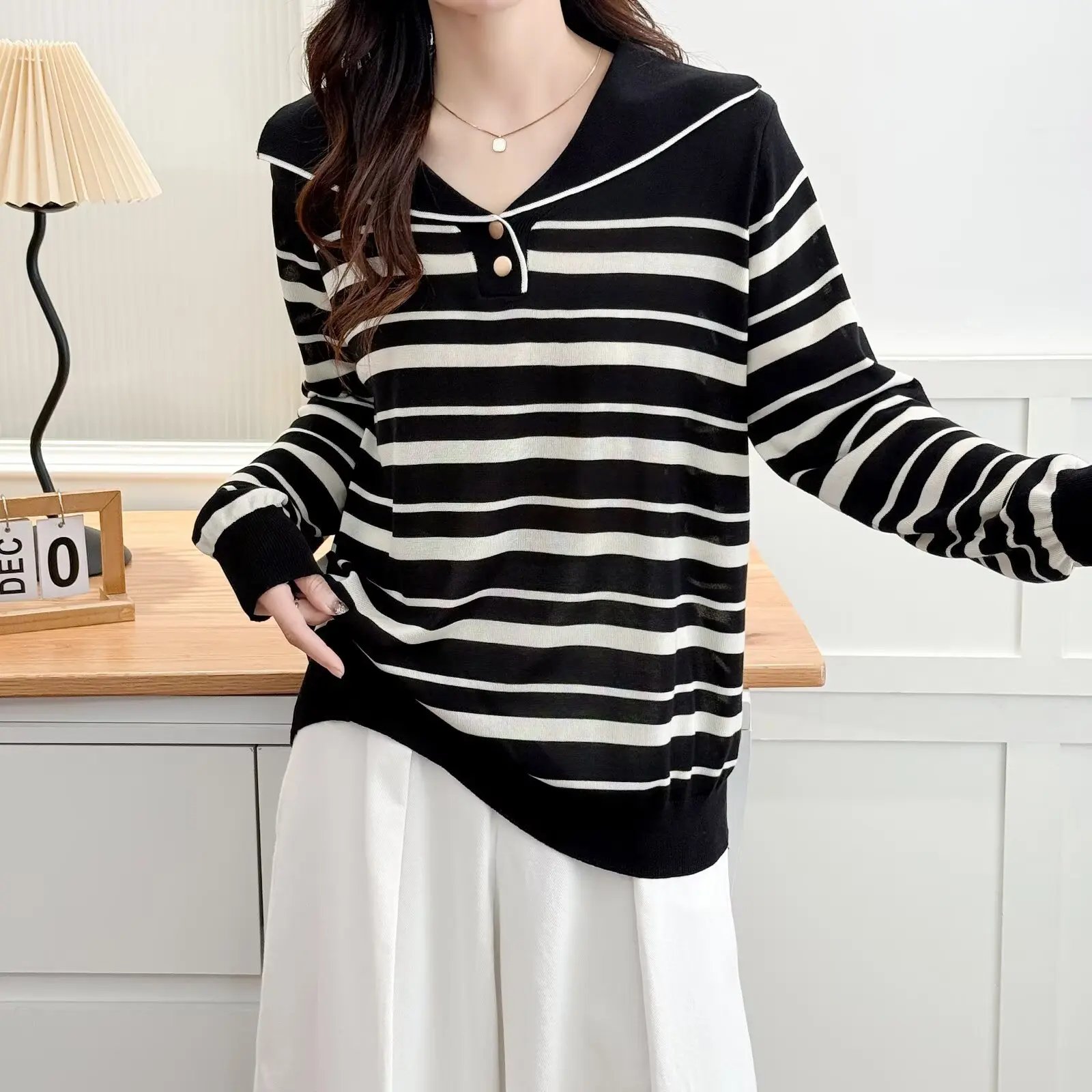 Fashion Plus Size Women's Sweater Autumn Stylish Casual Sailor Collar Striped Knitted Long Sleeve Jumpers 2171