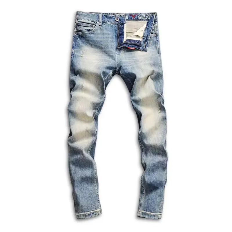 Newly Vintage Fashion Men Jeans High Quality Retro Washed Blue Stretch Slim Fit Ripped Jeans Men Designer Denim Pants Hombre