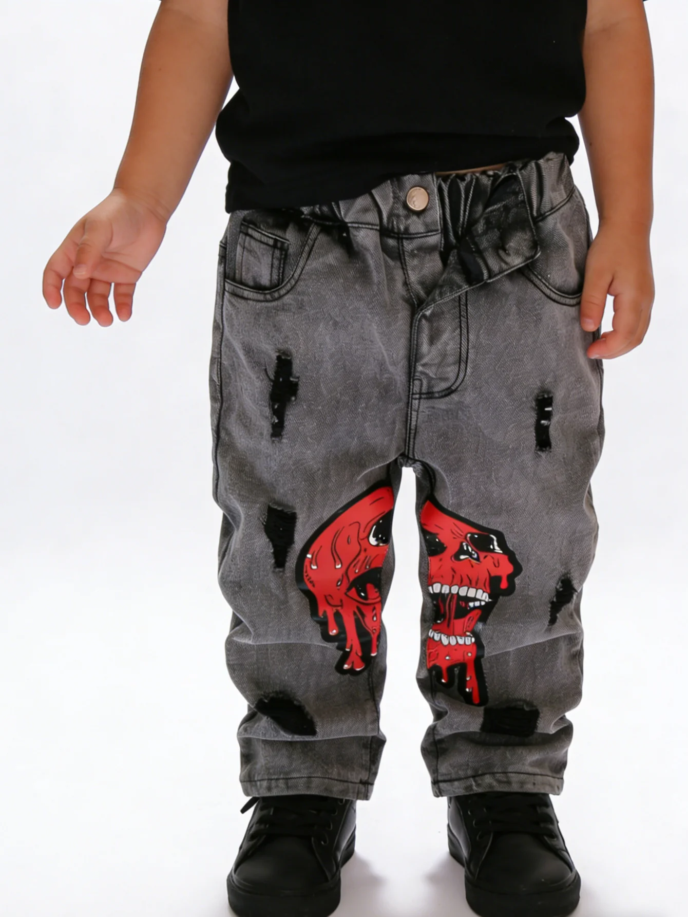  남아 해골 드립 프린트 데님 청바지, 신축성 있는 허리라인의 애시드 워싱 디스트레스드 청바지, 캐주얼 스트리트웨어 키즈 바지