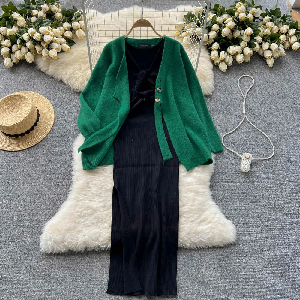 

Lazy Wind Loose Plush Cardigan Shawl Jacket + Knitted Hip Halter Long Skirt Dress Two-piece Set