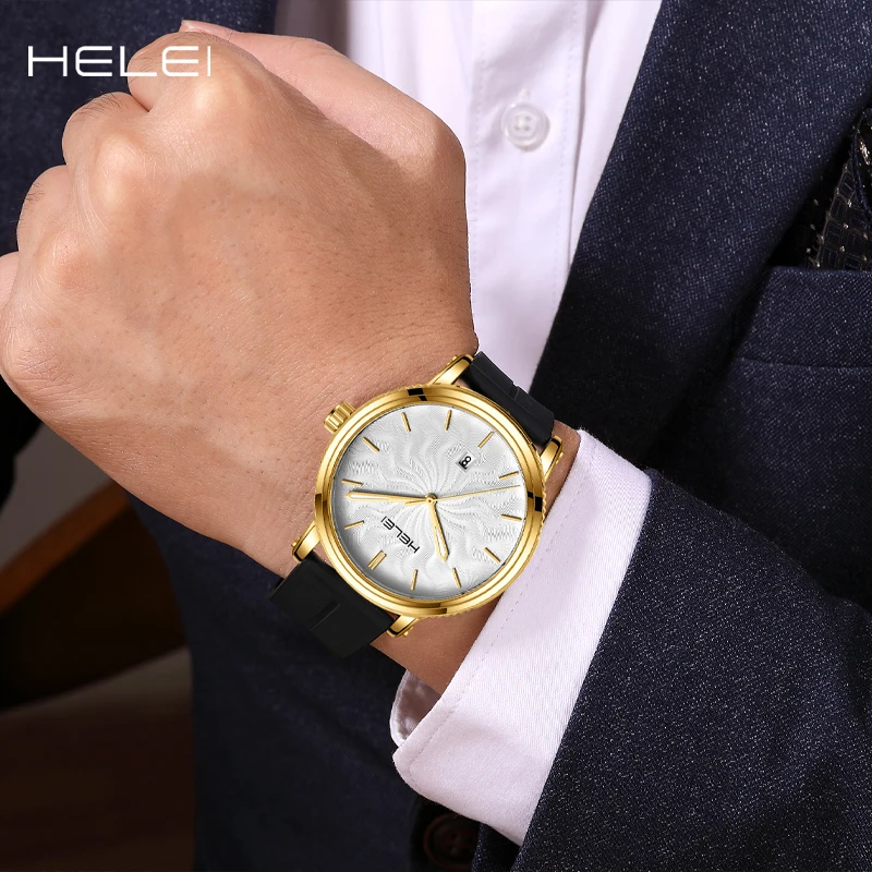 HELEI Men's Business Watch Light Luxury Silicone Strap Calendar Quartz Watch Men's Luxury Watches High Quality Men's Watches