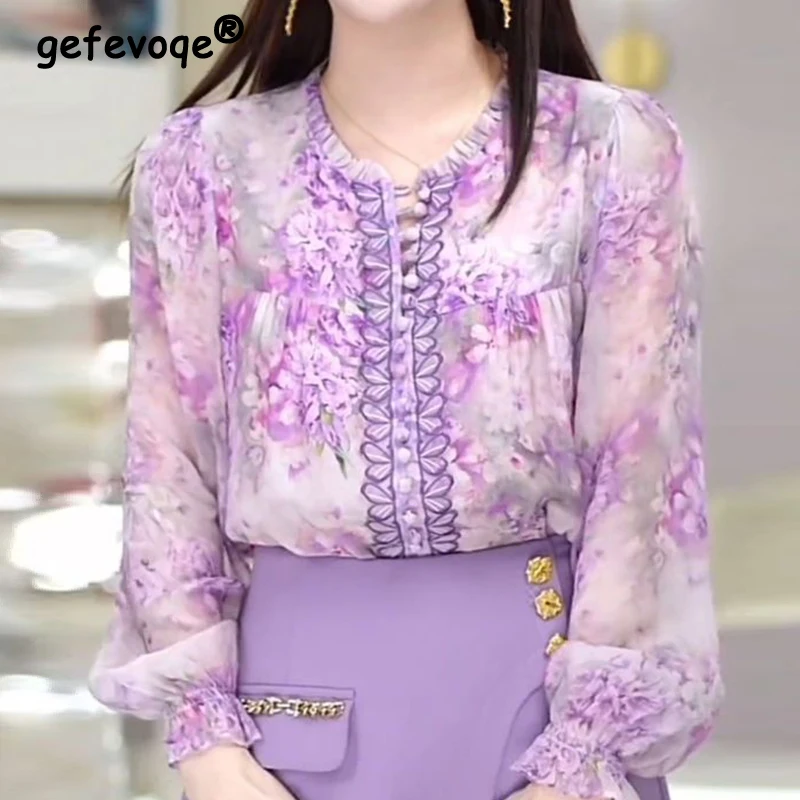 

Spring Autumn New Ruffles Sweet Floral Printing Pullover Blouse Femme Long Sleeve Loose Casual Top Women Elegant All-match Shirt