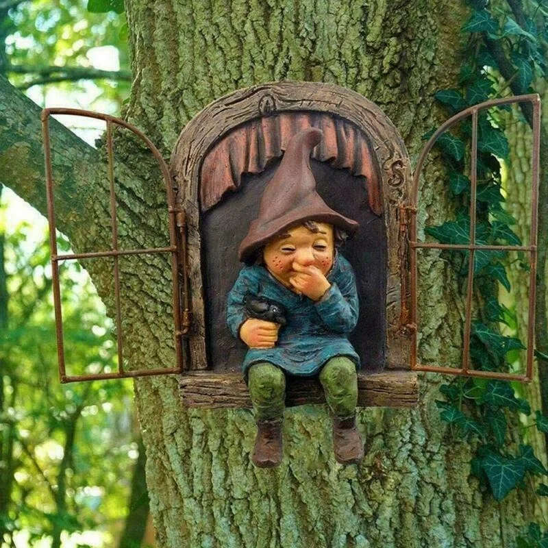 Ornamento da giardino Statua di gnomo Porta Elfo Albero - WW