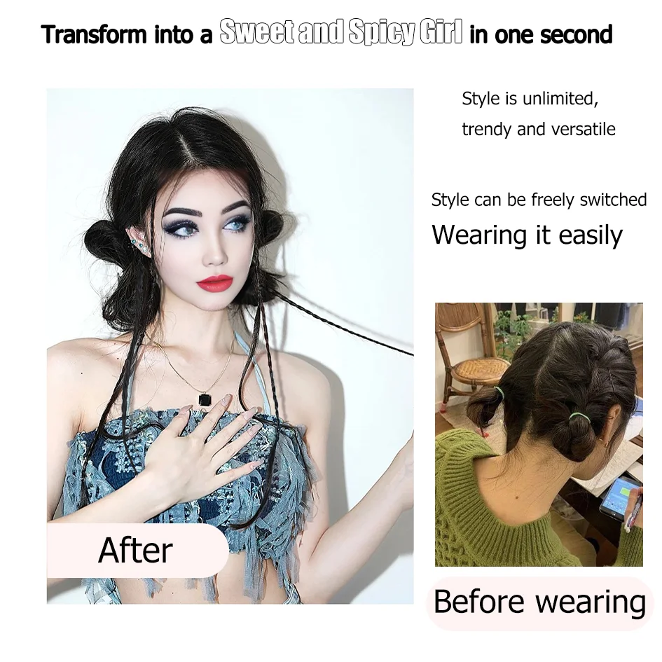 Synthetic 50cm 2-piece/set Y2K bow ponytail, wig braid, Halloween bow hair accessory, Christmas outfit set, loli double ponytail