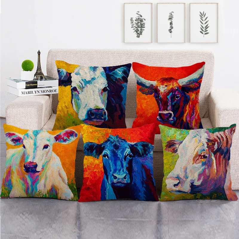 

Funny Cow Pillowcase Oil Painting Cow Cotton Linen Pillows Case for Living Room Outdoor Pillow Covers Decorative for Bed Sofa