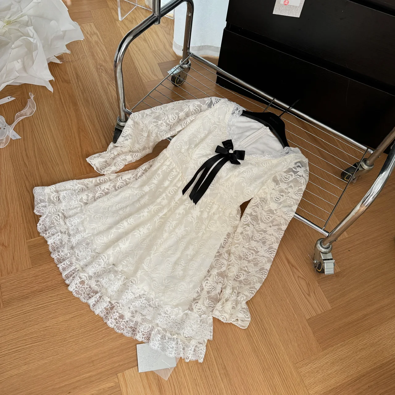 Elegant Lace Mini Dresses Women V-neck Long Sleeve Ruffles A-line Autumn New Sweet Korean Fashion Party Dress Female Vestidos