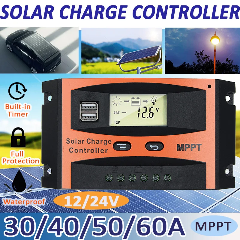 LCD 디스플레이 자동 태양 전지 레귤레이터, 12V, 24V, 로드 포함, 호텔 방전기, 블랙 추가, 가정용 휴대용 듀얼 USB
