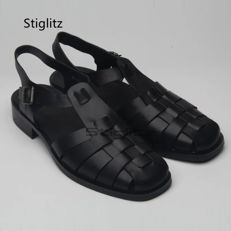 

Layer Cowhide Vintage Braided Sandals for Men Summer Baotou Leather Beach Shoes Thick Sole Buckle Low Heel Black Men's Shoes