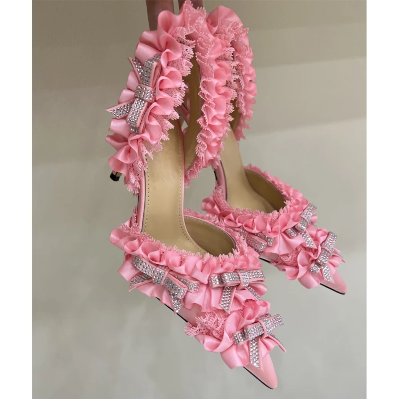 Rhinestone Bow Lace Slingback Stiletto Sandals Woman Summer Pointed Closed Toe Lolita Style High Heels Shoes for Women