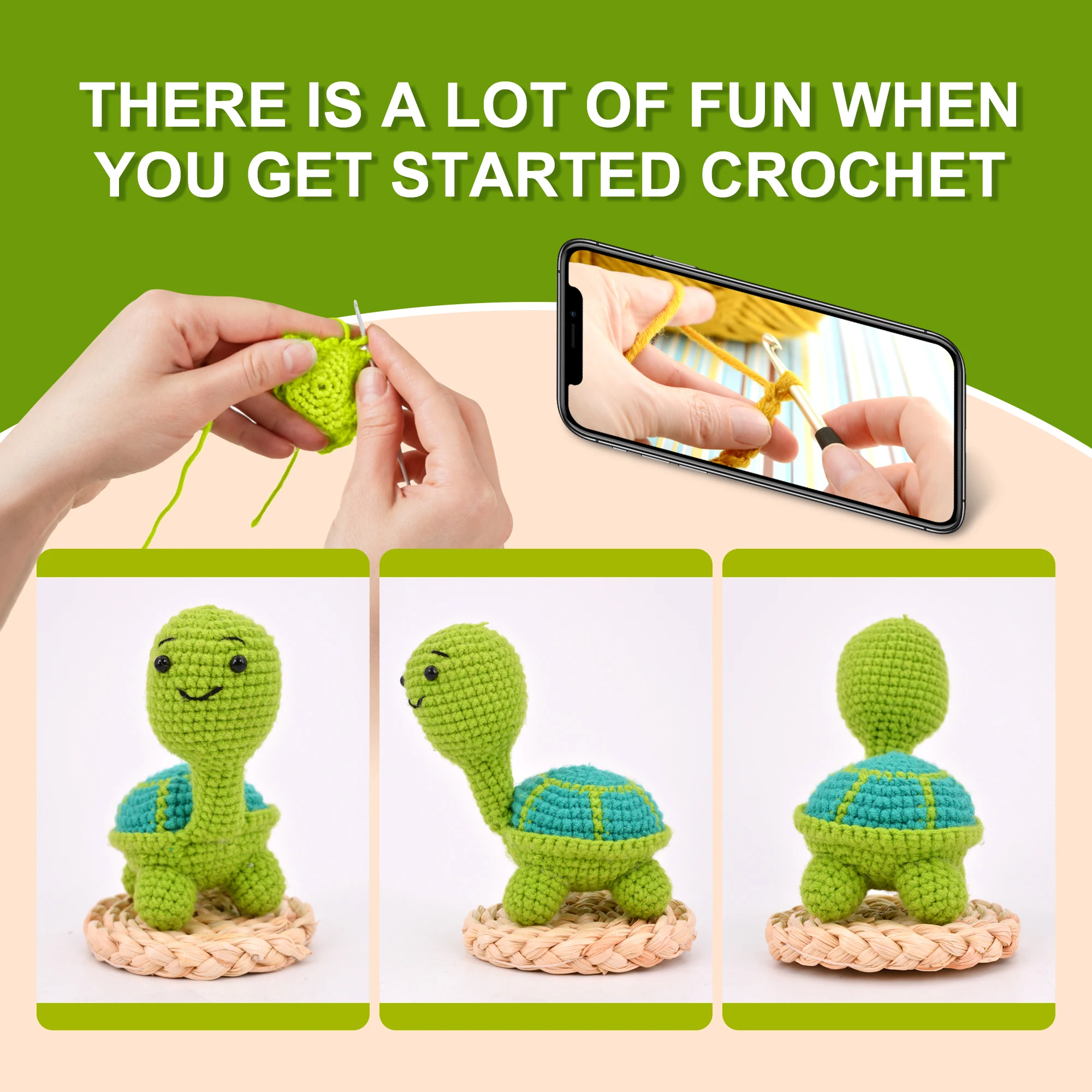 Crochet Kit for Beginners with Step-by-Step Video Tutorials for Adult Kids Teenagers Amigurumi Animals Turtle