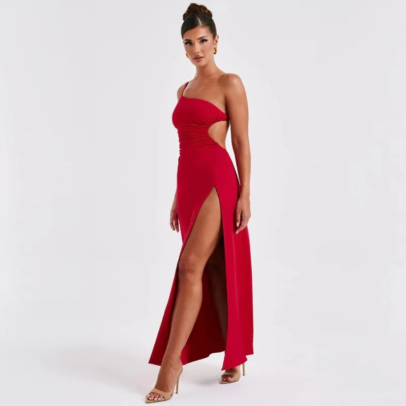 New Summer Women's Diagonal Neck Halter Strap-up Dress Fashionable and Sexy Split-end Solid Color Sleeveless Dress Evening Dress