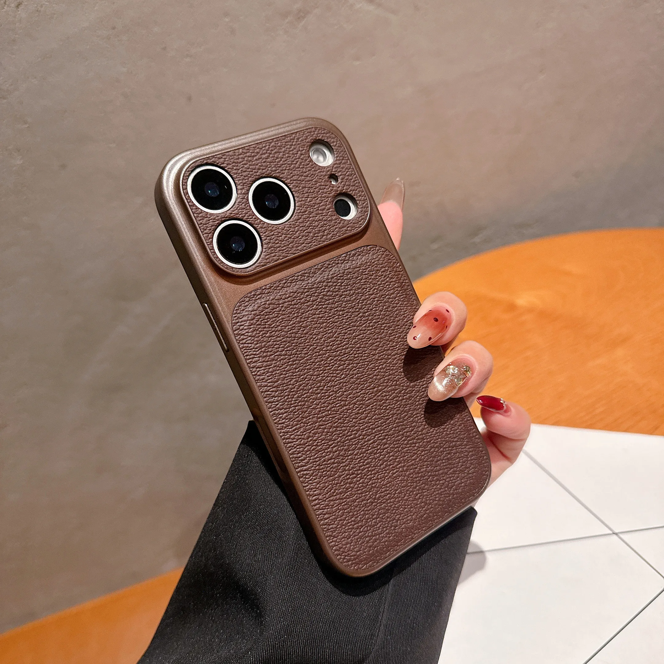 Premium Solid Leather Matte Shockproof Case with Large Camera Window Cover