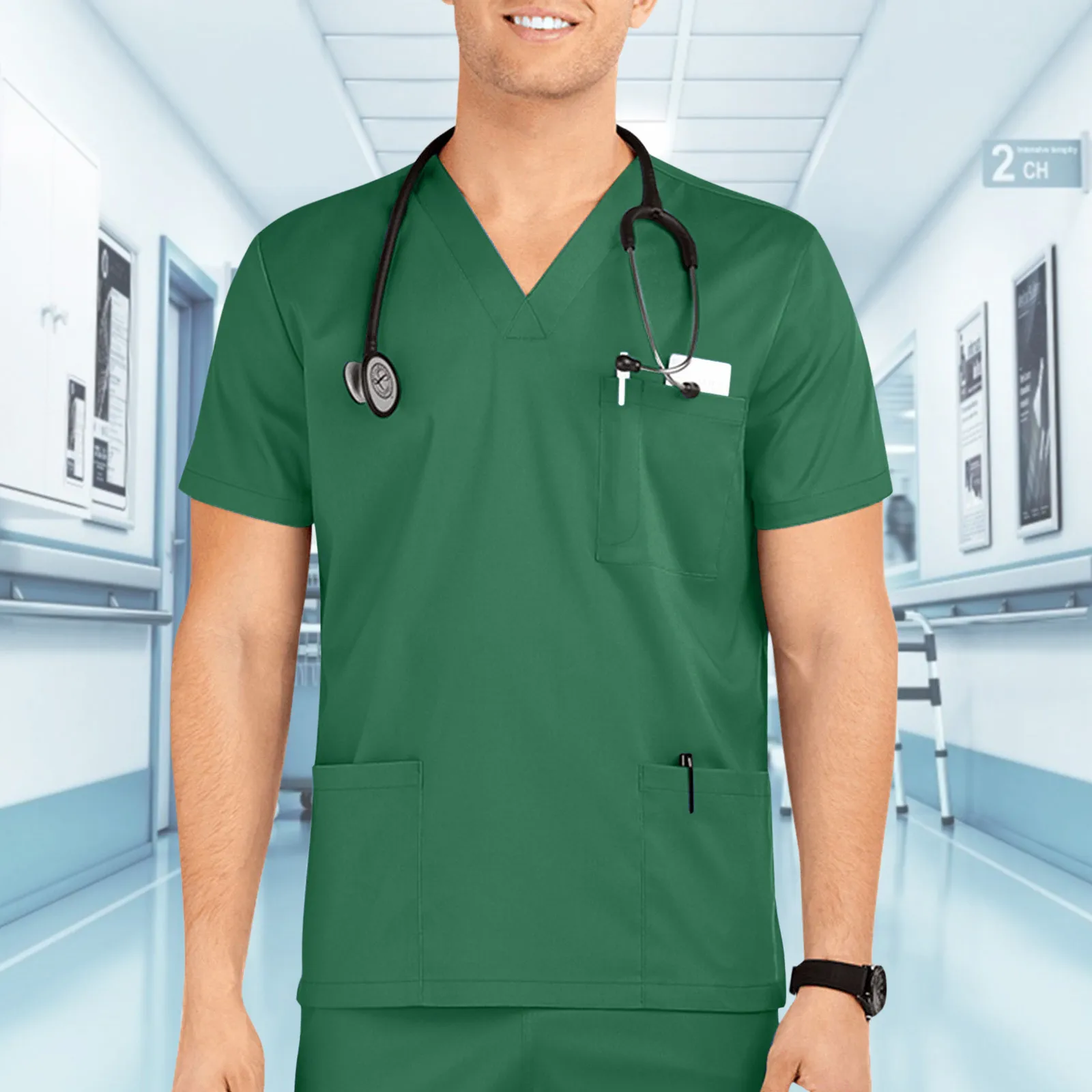 Mens Nurse Uniform Scrubs Tops Solid Color Short Sleeve Nursing Uniforms Healthcare Workers Workwear Blouse Medical Uniform Top
