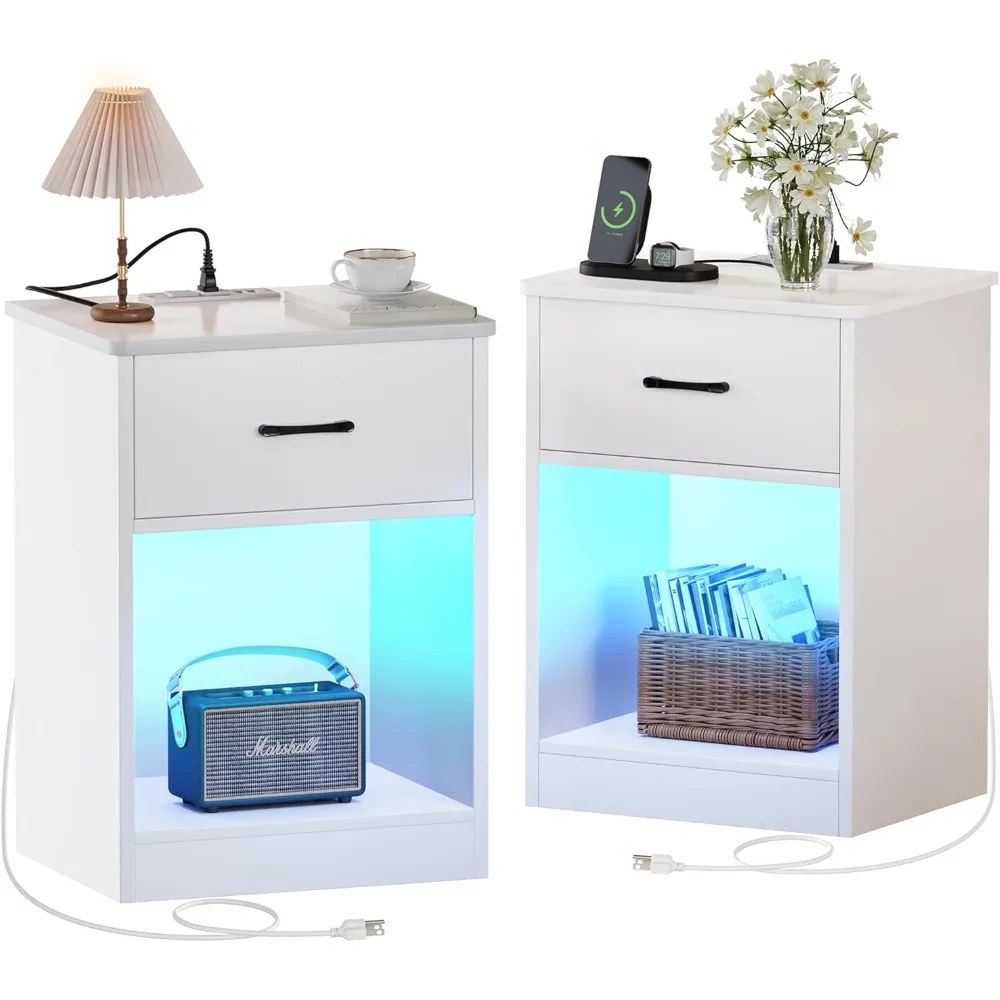 

Bedside Table 2-piece Set Bedroom Furniture Bedside Table With Charging Station and LED Strip Light Drawer Storage Locker Home